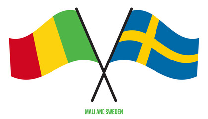 Mali and Sweden Flags Crossed And Waving Flat Style. Official Proportion. Correct Colors.