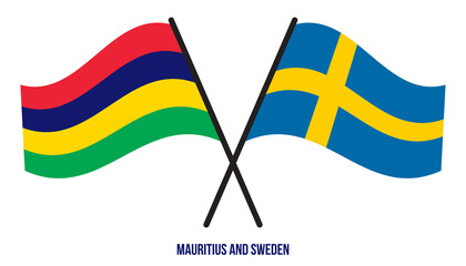 Mauritius and Sweden Flags Crossed And Waving Flat Style. Official Proportion. Correct Colors.