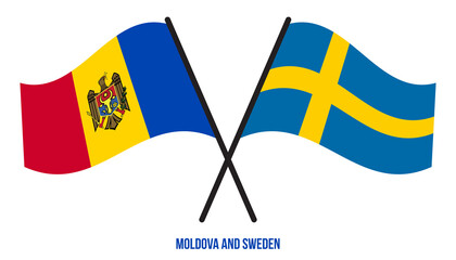 Moldova and Sweden Flags Crossed And Waving Flat Style. Official Proportion. Correct Colors.