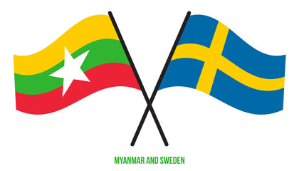 Myanmar and Sweden Flags Crossed And Waving Flat Style. Official Proportion. Correct Colors.
