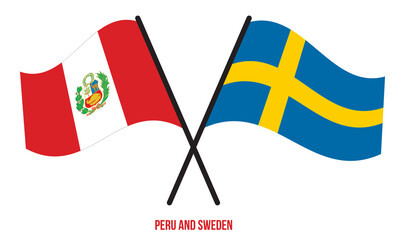 Peru and Sweden Flags Crossed And Waving Flat Style. Official Proportion. Correct Colors.