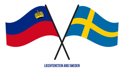 Liechtenstein and Sweden Flags Crossed And Waving Flat Style. Official Proportion. Correct Colors.
