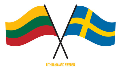 Lithuania and Sweden Flags Crossed And Waving Flat Style. Official Proportion. Correct Colors.