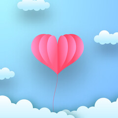 Fototapeta na wymiar Valentine greeting card soft pastel love romance decoration with paper cut style of flying hearth shape balloon on the blue sky