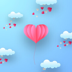 Fototapeta na wymiar Valentine greeting card soft pastel love romance decoration with paper cut style of flying hearth shape balloon