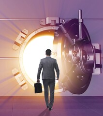 Businessman in front of banking vault door