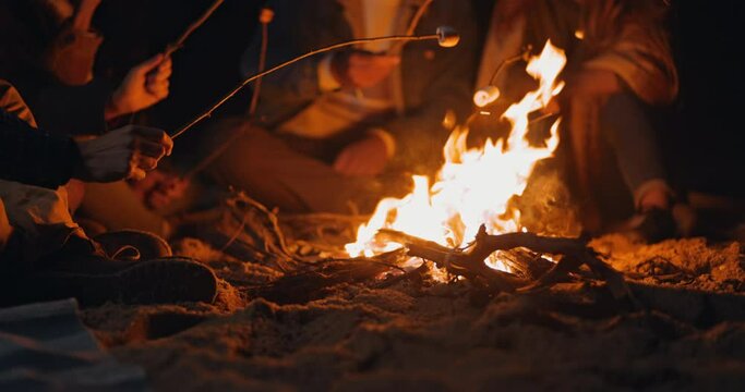 Friends toasting marshmallows on sticks on beach bonfire