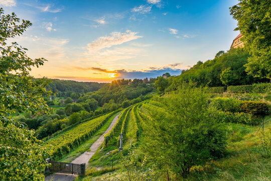 Burggarten park gardens iat sunset in Rothenburg ob der Tauber. Bavaria, Germany