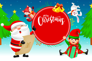 Cute Christmas Characters design on snow background, Santa Claus, little elf, rabbit and fox. Merry Christmas and Happy new year concept. Illustration.