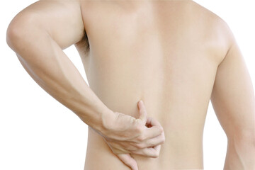 Naklejka premium Young man hand holding with backache on white background, health care and medical concept