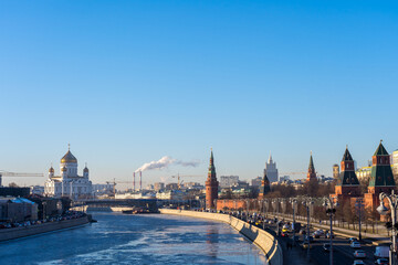 Fototapeta na wymiar View of the Moscow Kremlin, Moscow river, and the Cathedral of Christ the Saviour from Bol'shoy Moskvoretskiy Most. Russia. 9 December 2020