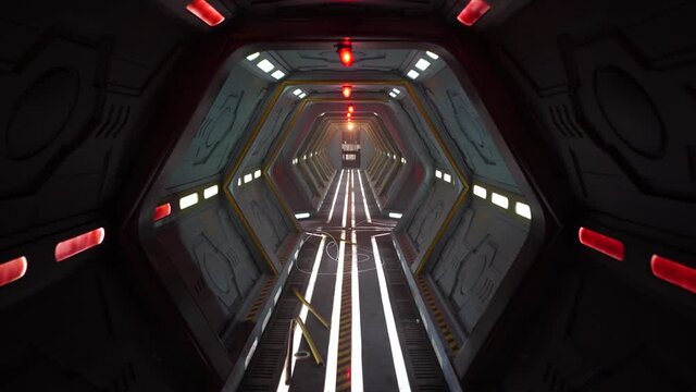 Real shot of futuristic sci-fi hallway on spaceship. On film set moving through realistic run down industrial station gangway to control room. Sound stage science fiction construction.