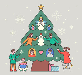People are decorating a huge Christmas tree. Greeting card with the concept of people in the tree. flat design style minimal vector illustration.