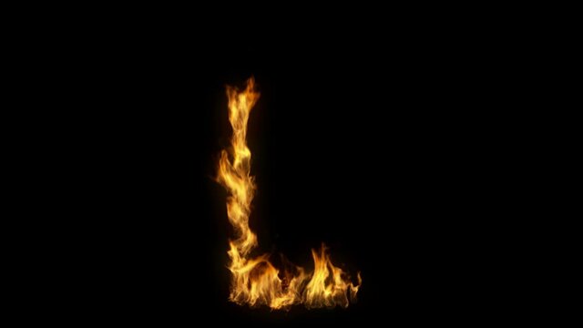 3D animation of the letter l on fire with alpha layer