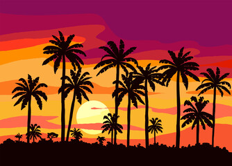 Fototapeta na wymiar silhouettes of palm trees. sunset on a tropical island