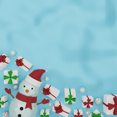 Merry christmas top view copy space with snowman and gift box on snow. 3d rendering