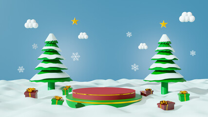 Merry Christmas for product presentation podium 2 layer with gift box and tree christmas on snow, blue background. 3d rendering
