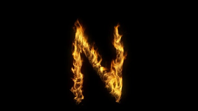 3D animation of the letter n on fire with alpha layer