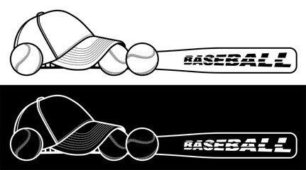 sports wooden baseball bat, balls and baseball cap on white background. Sport design element, web banner for competitions. Vector