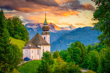 Fototapeta premium Maria Gern church with famous Watzmann summit in the background Berchtesgadener Land, Bavaria, Germany