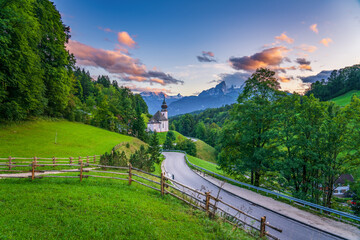 Maria Gern church with famous Watzmann summit in the background Berchtesgadener Land, Bavaria, Germany