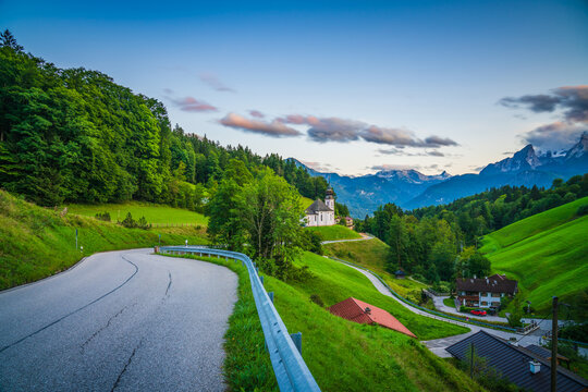 Maria Gern church with famous Watzmann summit in the background Berchtesgadener Land, Bavaria, Germany