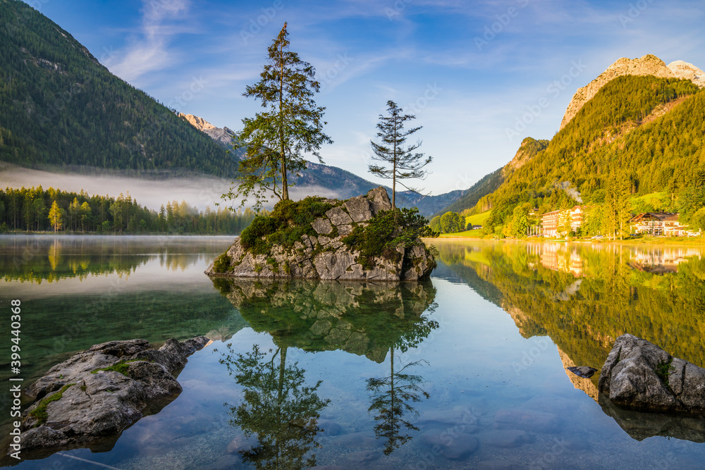 Sticker Hintersee lake at sunny morning light. Bavarian Alps on the Austrian border, Germany, Europe