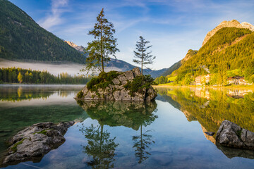 Hintersee lake at sunny morning light. Bavarian Alps on the Austrian border, Germany, Europe