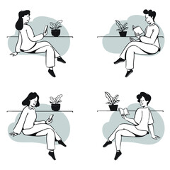 People doodles activities reading a book or phone