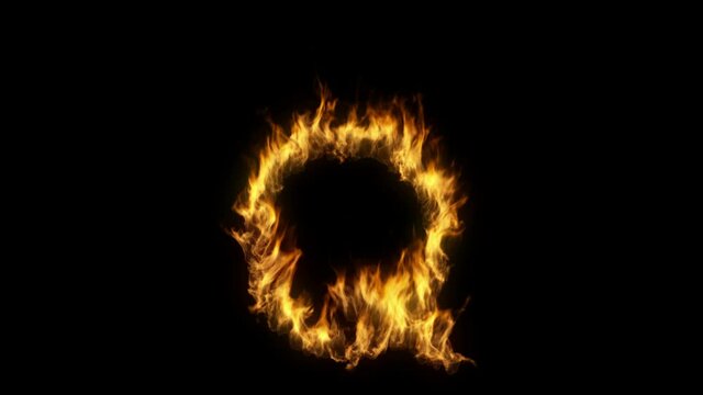 3D animation of the letter q on fire with alpha layer