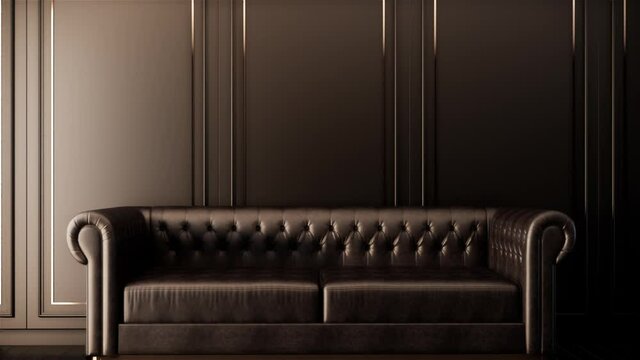 leather sofa on the classic wall. black wall and wooden floor. zoom out shot video 4k 3d animation