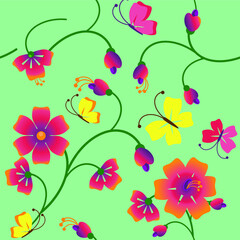 Vector seamless colorful flowers and butterflies background. Vector repeated floral and butterfly background for wrapping paper, fabric print and fashion design. Vector art.