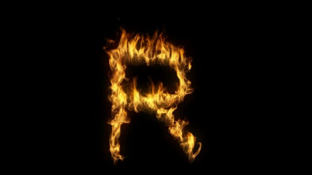 3D animation of the letter r on fire with alpha layer