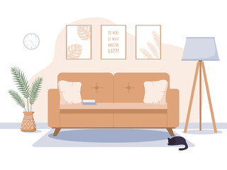 Cozy living room interior in scandinavian style. Apartment design concept with comfy furniture. Nordic sofa with lamp and plant. Vector illustration in cartoon hygge style.