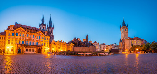 Obraz premium Old Town square panorama in Prague with Tyn Church, Czech Republic 