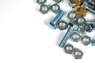 close-up of metal fasteners. bolts and nuts with free space