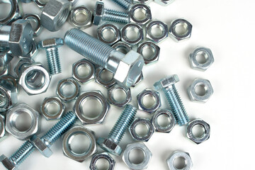 close-up of metal fasteners. bolts and nuts with free space