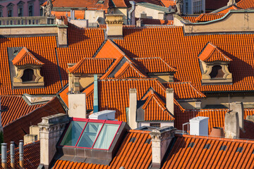 Patterned tiled red rooftops in Prague,Czech Republic