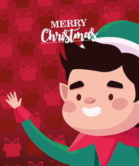 happy merry christmas lettering card with santa helper character