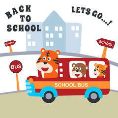 School bus cartoon. Cute animal in school bus. Creative vector childish background for fabric, textile, nursery wallpaper, poster, card, brochure. and other decoration. © Hijaznahwani