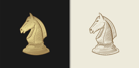 Horse Chess in Luxury gold hand drawn engraving style. Chess piece in vintage style