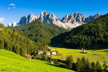 Fototapeta premium St Johann Church in Santa Maddalena, Val Di Funes village, Dolomites, Italy