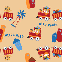 Seamless animals on train pattern. Creative vector childish background for fabric, textile, nursery wallpaper, card, poster and other decoration.