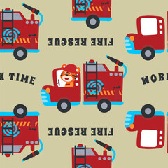 Vector of seamless pattern with animal fire fighter cartoon, Creative vector childish background for fabric, textile, nursery wallpaper, card, poster and other decoration.