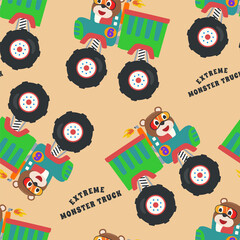 seamless pattern monster trucks with animal driver, Creative vector childish background for fabric, textile, nursery wallpaper, card, poster and other decoration.