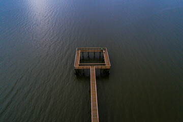 Aerial view of a pier on Mobile Bay 