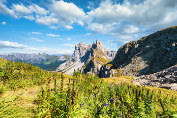 Seceda peaks. Trentino Alto Adige, Dolomites Alps, South Tyrol, Italy. Odle mountain range, Val Gardena. Majestic Furchetta peak