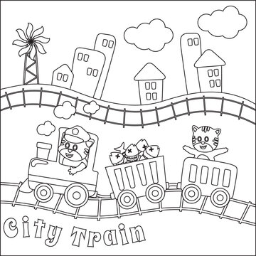 funny animals cartoon on train, Coloring book or page, Creative vector Childish design for kids activity colouring book or page. © Hijaznahwani