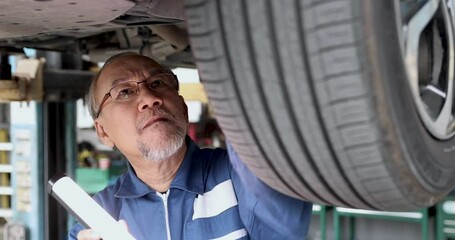 Auto mechanic man with lamp working at workshop.