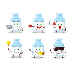 Milk bottle cartoon character with various types of business emoticons